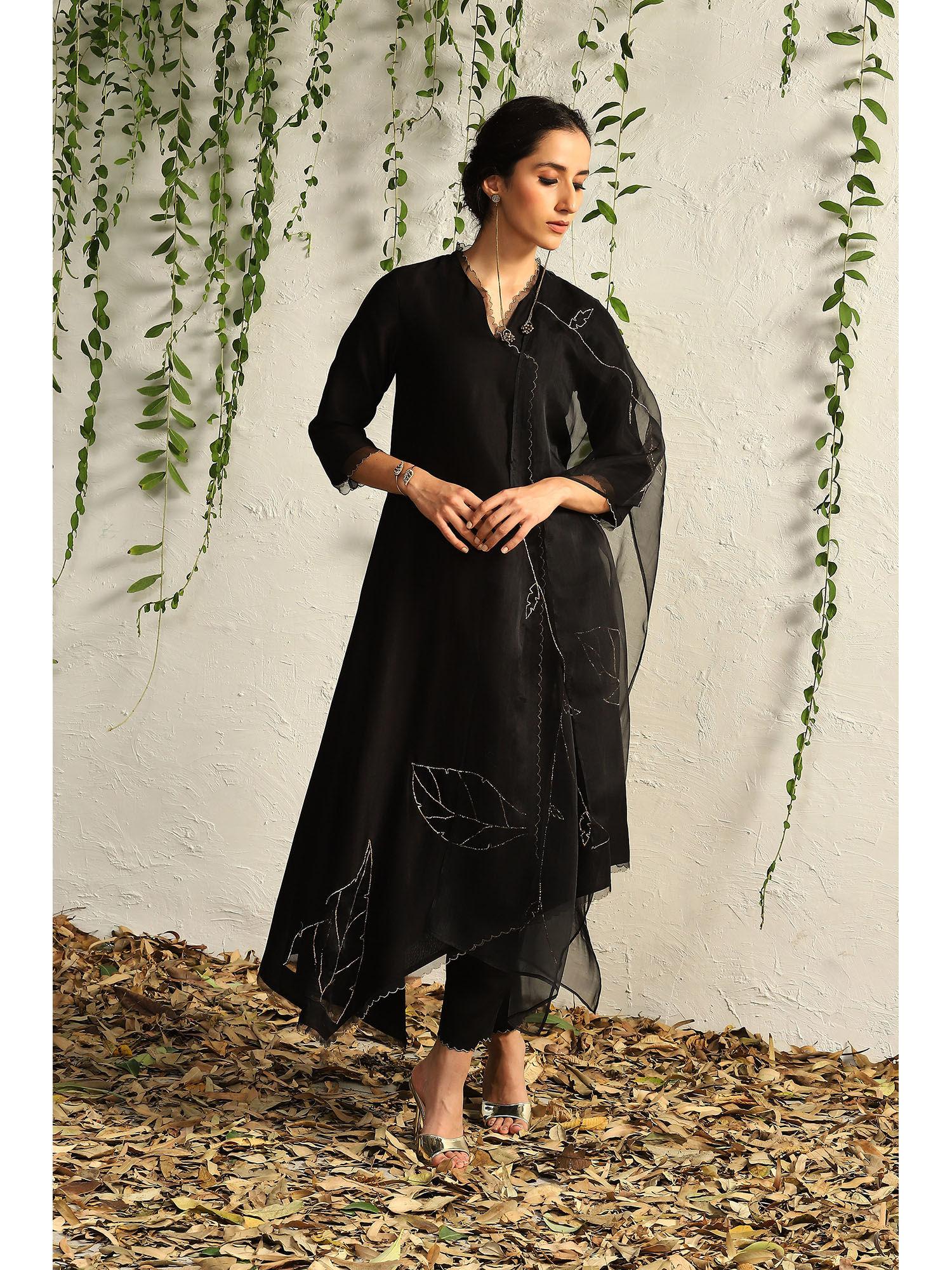 black chanderi asymmetrical kurta with pants and dupatta (set of 3)