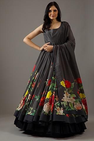 black chanderi digital printed anarkali set