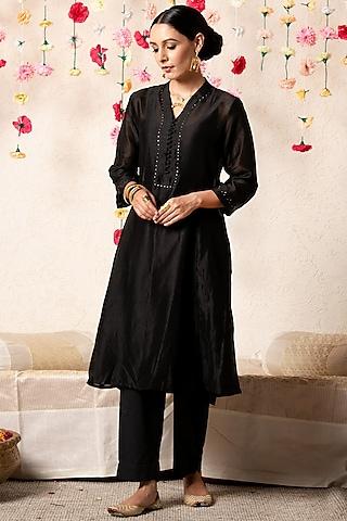 black chanderi embellished a-line kurta set