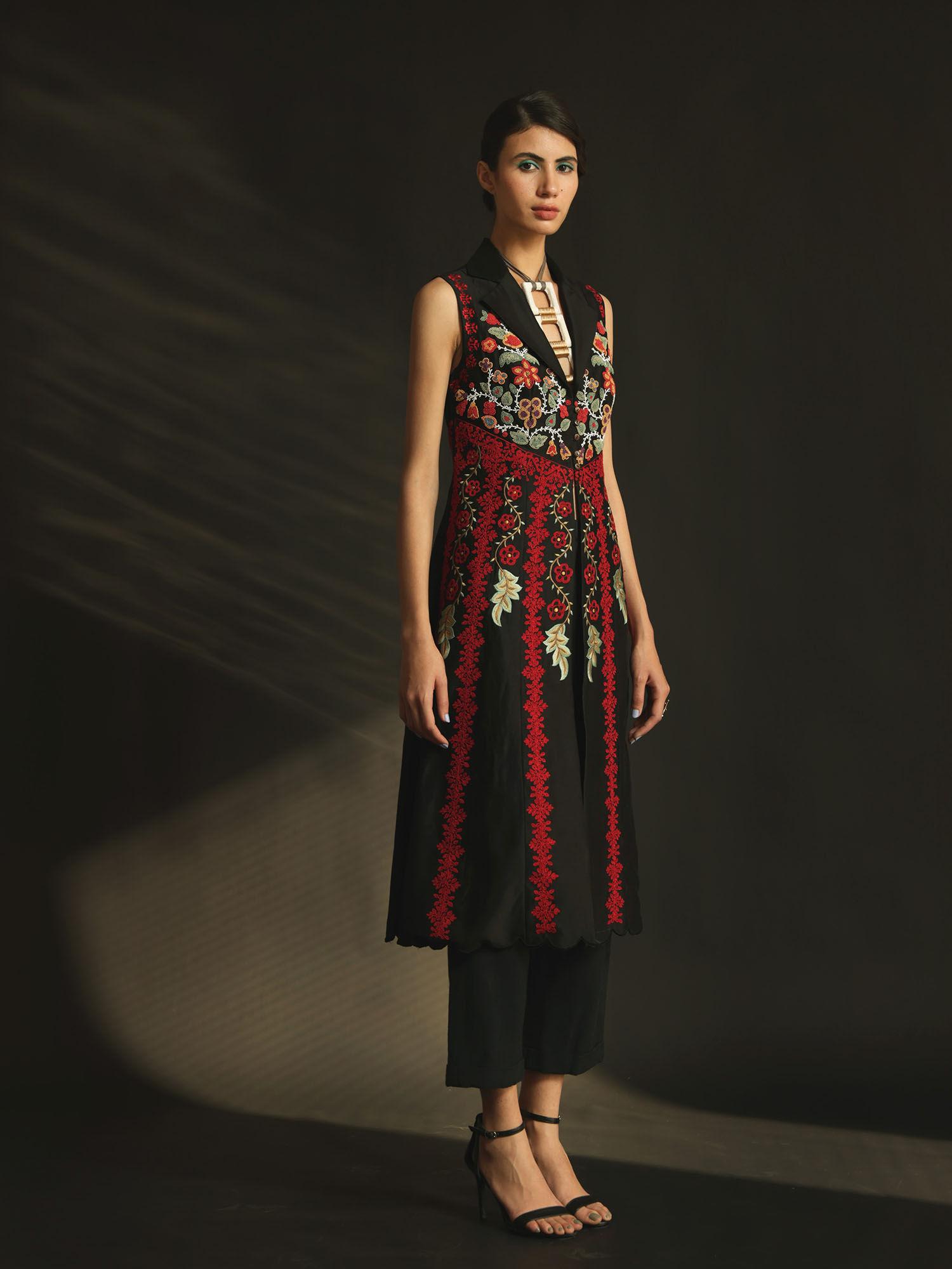 black chanderi embroidered flared jacket