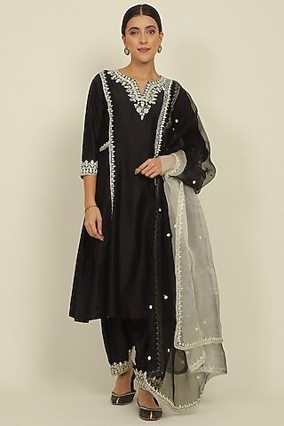 black chanderi embroidered kurta set