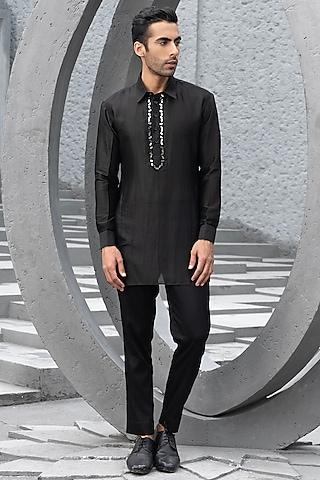 black chanderi embroidered pathani kurta set