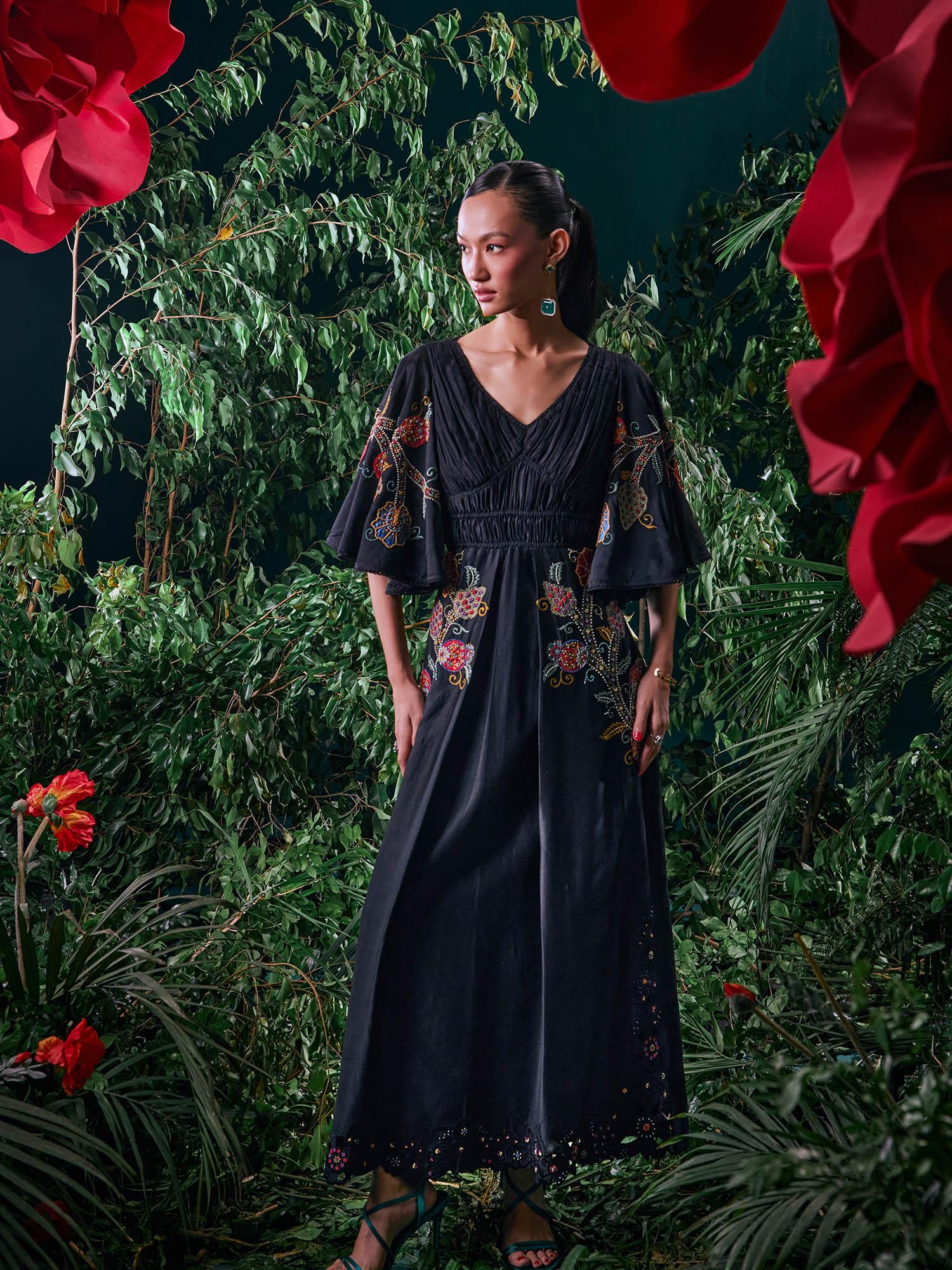 black chanderi floral flared sleeves v-neck bead work maxi dress