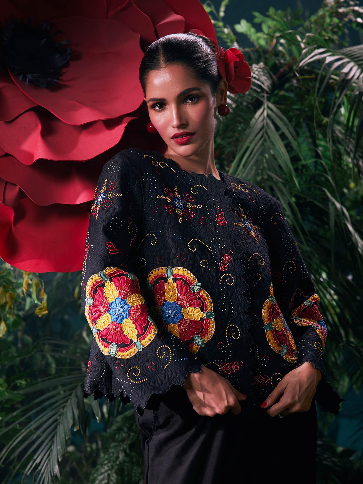 black chanderi floral full sleeves round neck bead work jacket