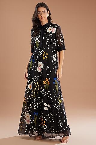 black chanderi floral thread embroidered dress