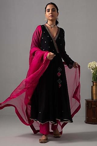 black chanderi hand embroidered angrakha anarkali set