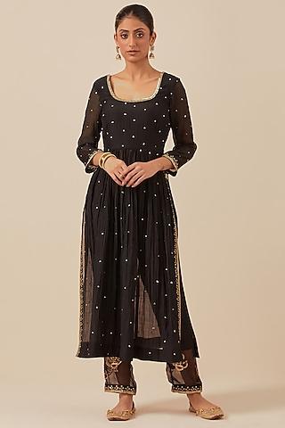 black chanderi hand embroidered half-cut anarkali