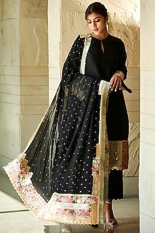 black chanderi kurta set with patch work