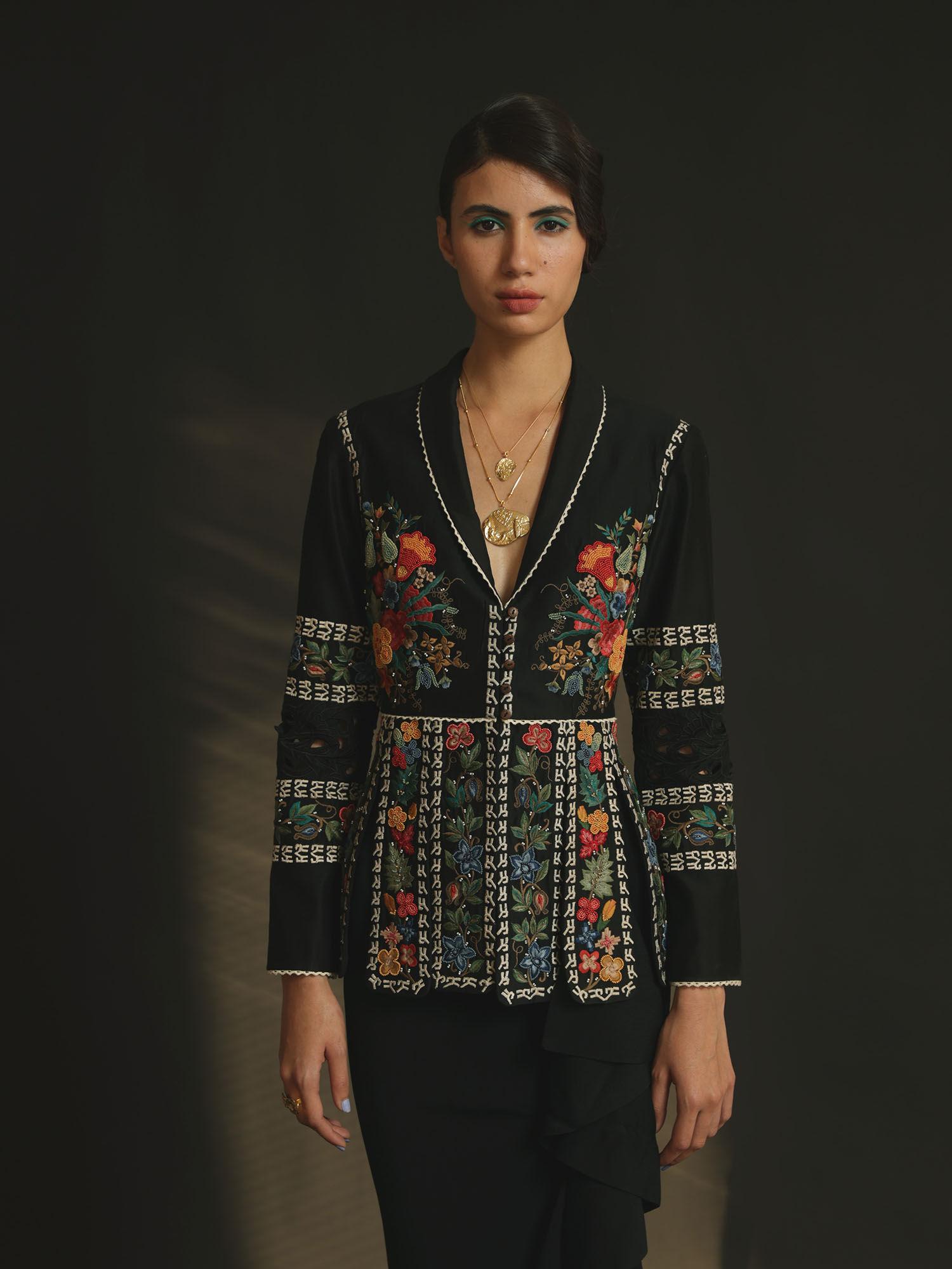 black chanderi panelled short jacket