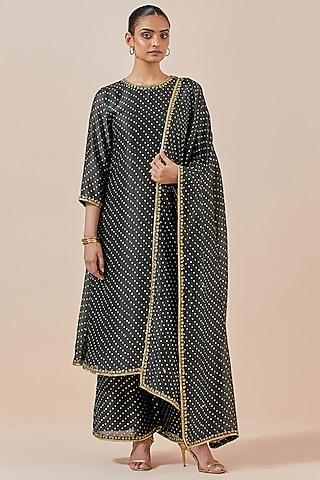 black chanderi printed & embroidered kurta set