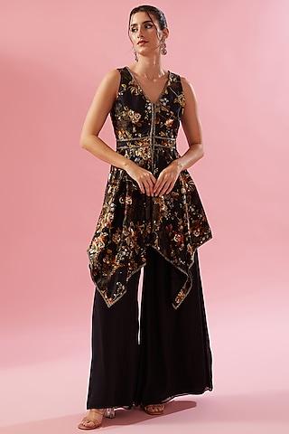 black chanderi printed & sequins tunic set