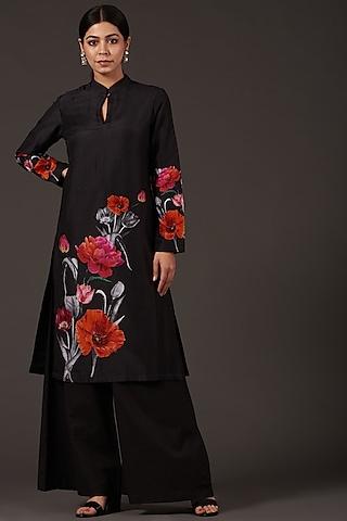 black chanderi printed kurta set