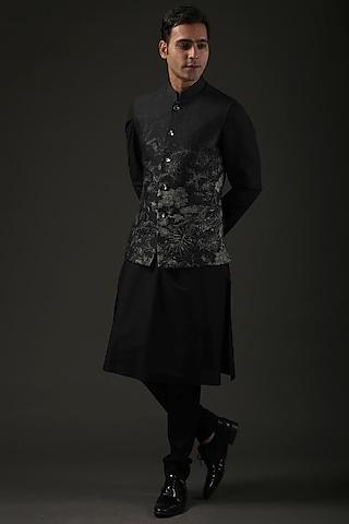 black chanderi printed nehru jacket