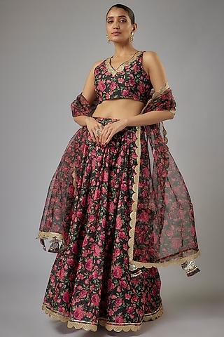 black chanderi screen printed & lace embroidered lehenga set