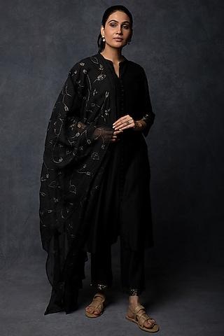 black chanderi sequins embroidered straight-fit kurta set