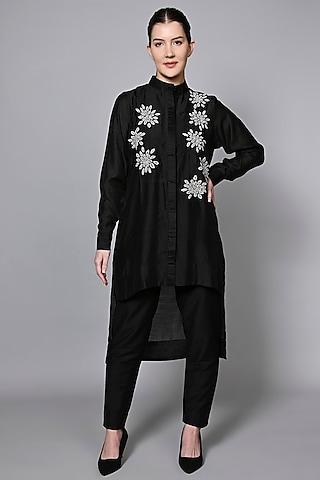 black chanderi silk & polyester patchwork embroidered tunic set