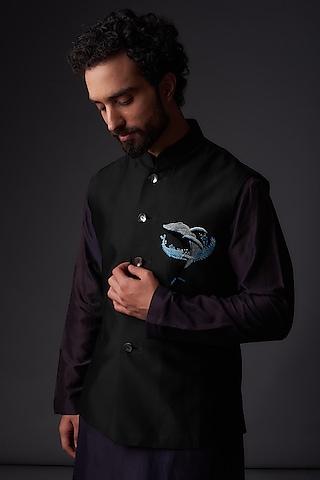 black chanderi silk applique embroidered nehru jacket