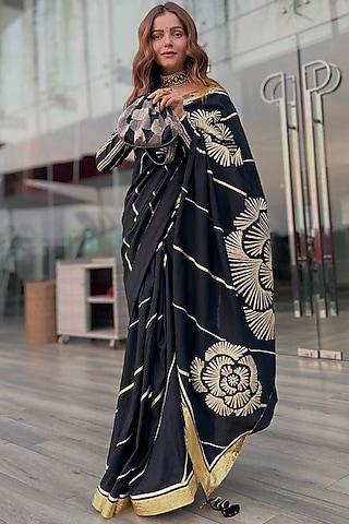 black chanderi silk embellished saree set