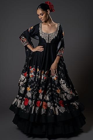 black chanderi silk floral digital printed & resham embroidered anarkali set