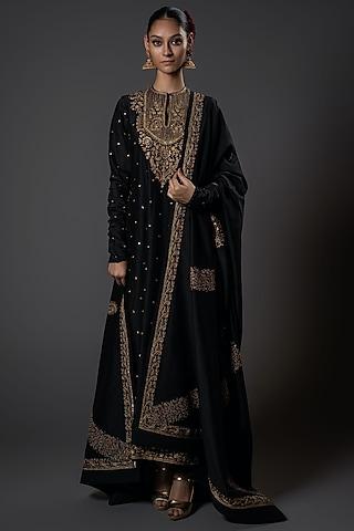 black chanderi silk floral embroidered straight kurta set