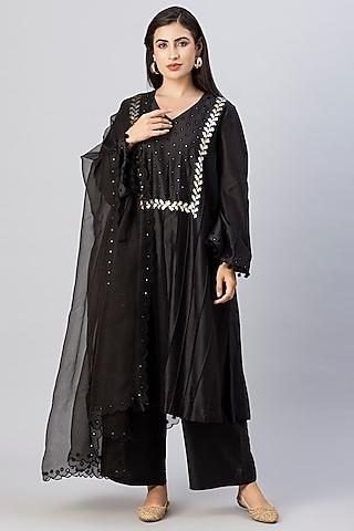 black chanderi silk mirror embroidered kurta set