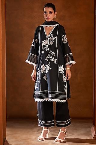 black chanderi silk motif embroidered straight kurta set