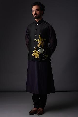 black chanderi silk resham embroidered nehru jacket