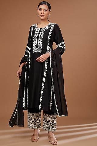 black chanderi silk thread embroidered kurta set