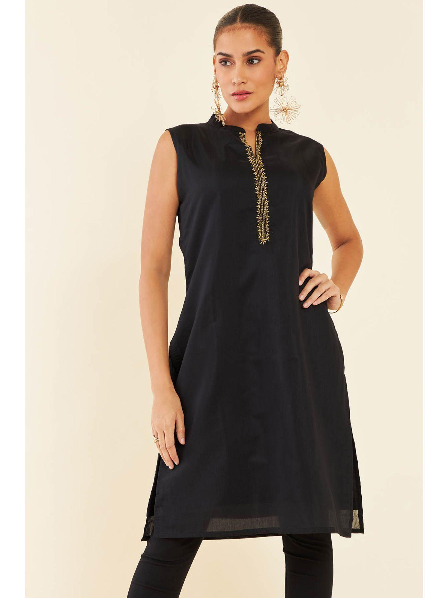 black chanderi sleeveless kurta with zari woven buttas and embroidery