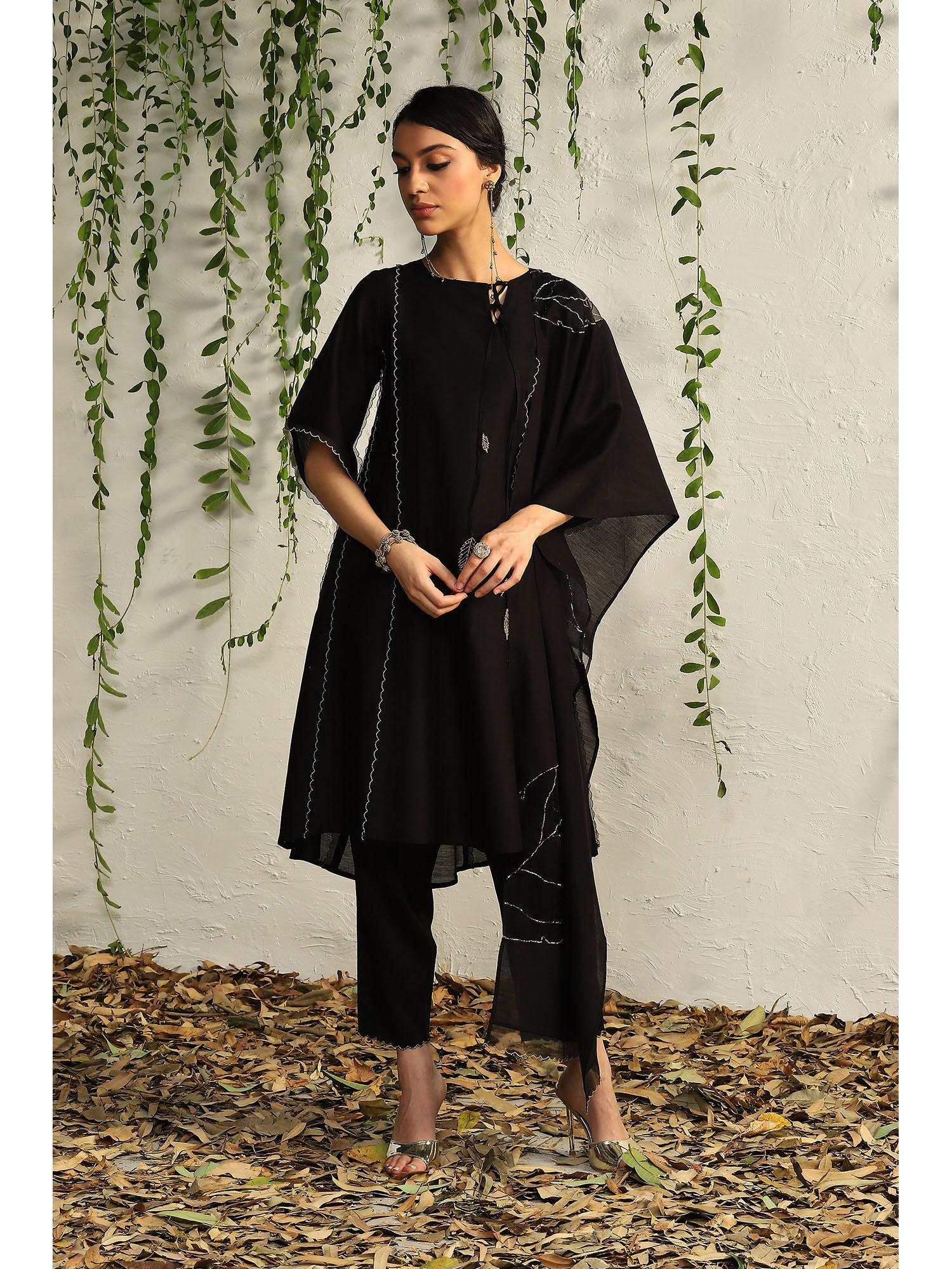 black chanderi tie-up kurta with pants and dupatta (set of 3)