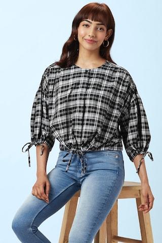 black check casual 3/4th sleeves round neck women regular fit shirt