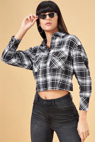 black check cotton regular collar women comfort fit tops