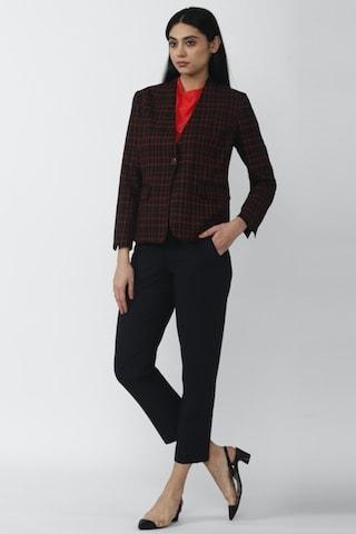 black check formal full sleeves regular collar women regular fit blazer