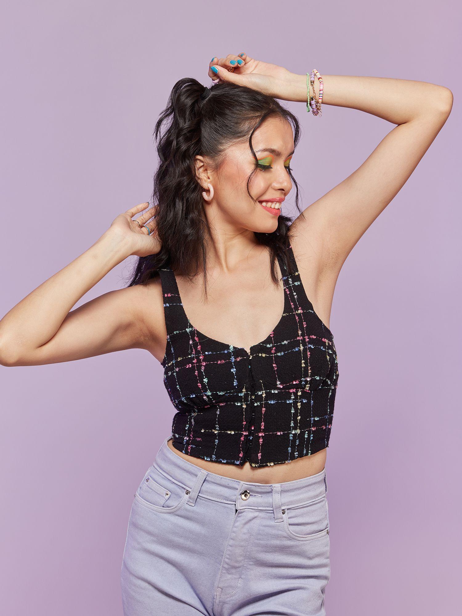 black check square neckline fitted crop top