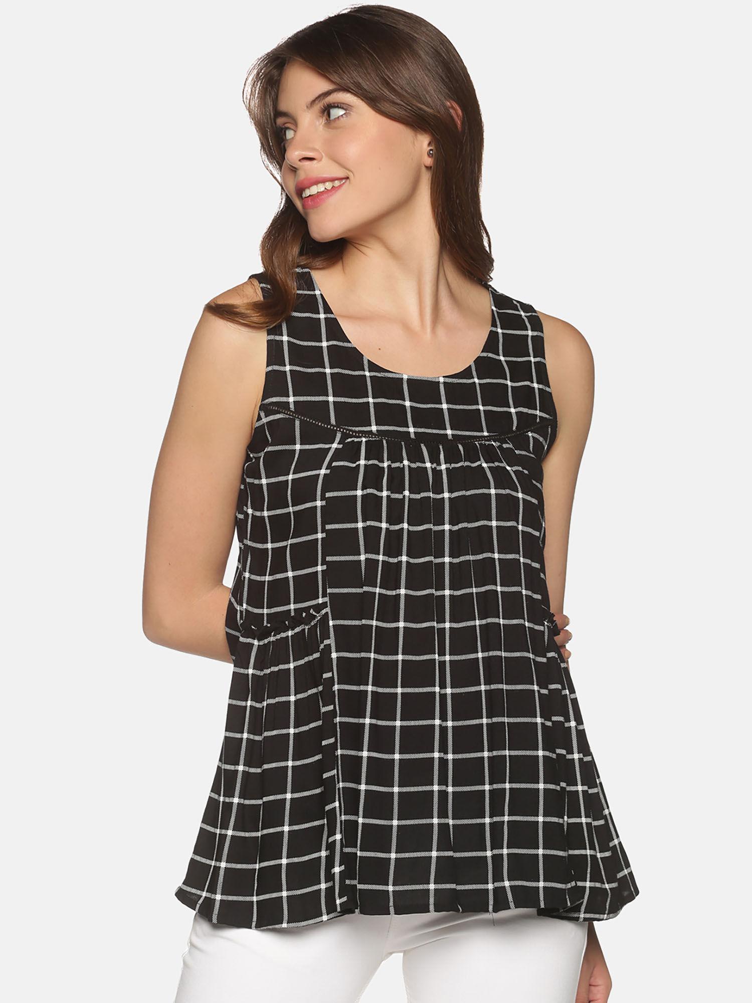 black checks panelled top with gathers & lace insert