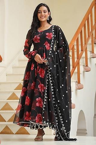 black chiffon digital printed anarkali set