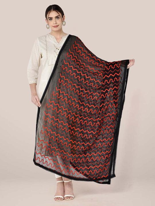 black chiffon dupatta with red embroidery