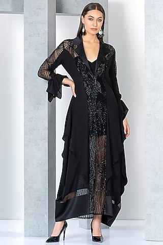 black chiffon embroidered kaftan dress with inner