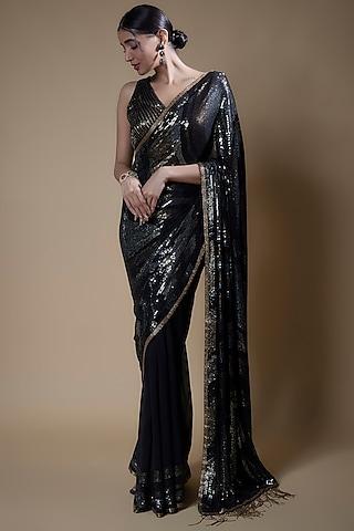 black chiffon embroidered saree set