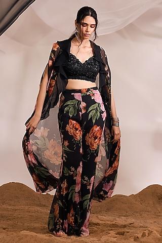 black chiffon floral printed ruffled cape set