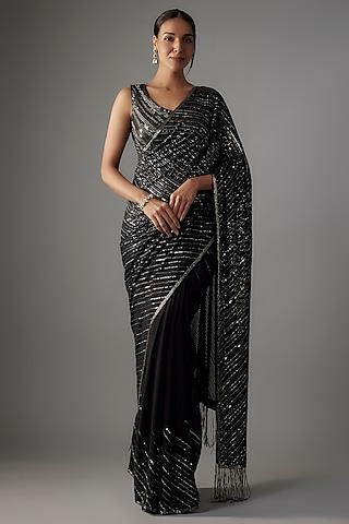black chiffon gunmetal sequins embroidered saree set