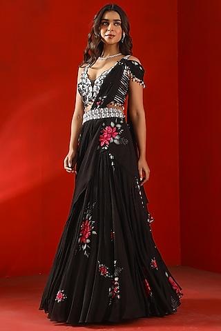 black chiffon mangolia printed lehenga saree set