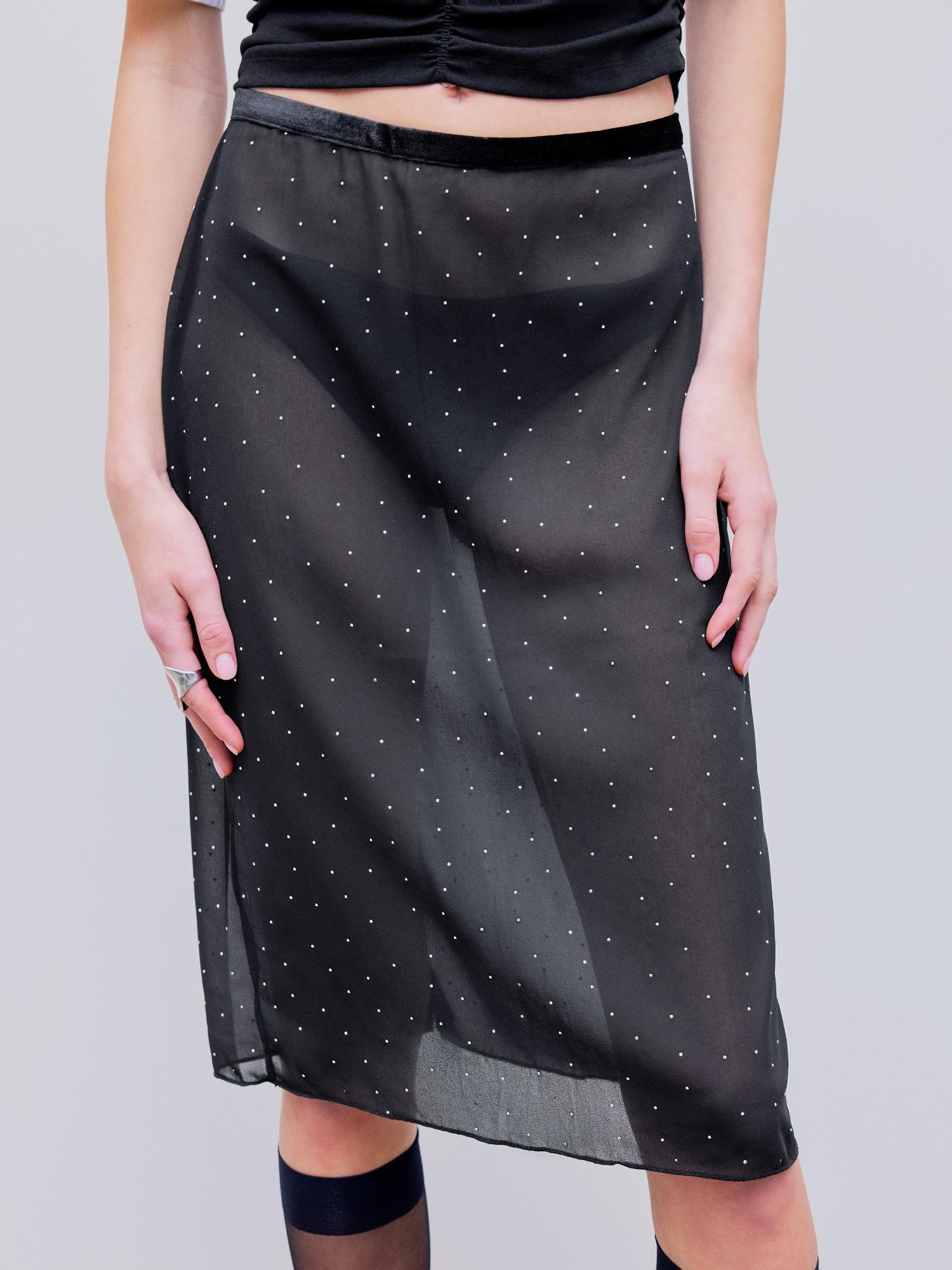 black chiffon mid rise rhinestone see through midi skirt