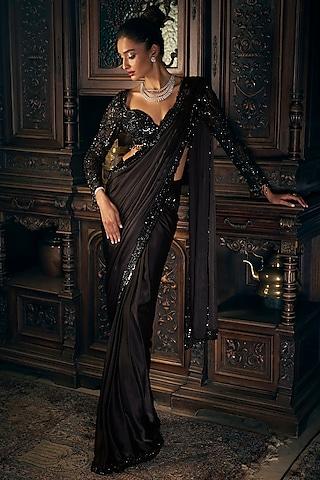 black chiffon pre-draped saree set