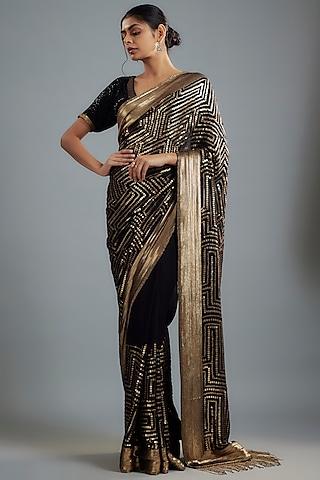 black chiffon sequins embroidered saree set