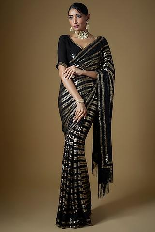black chiffon striped sequins embroidered saree set