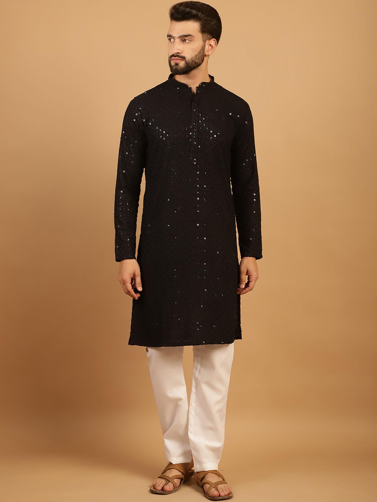 black chikankari embroidered kurta with aligarh pyjama (set of 2)