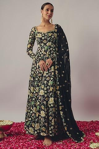 black chinon hand embroidered anarkali set