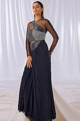 black chinon hand embroidered maxi gown