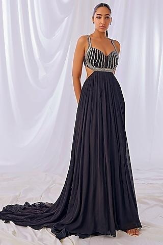 black chinon metallic embroidered trail gown
